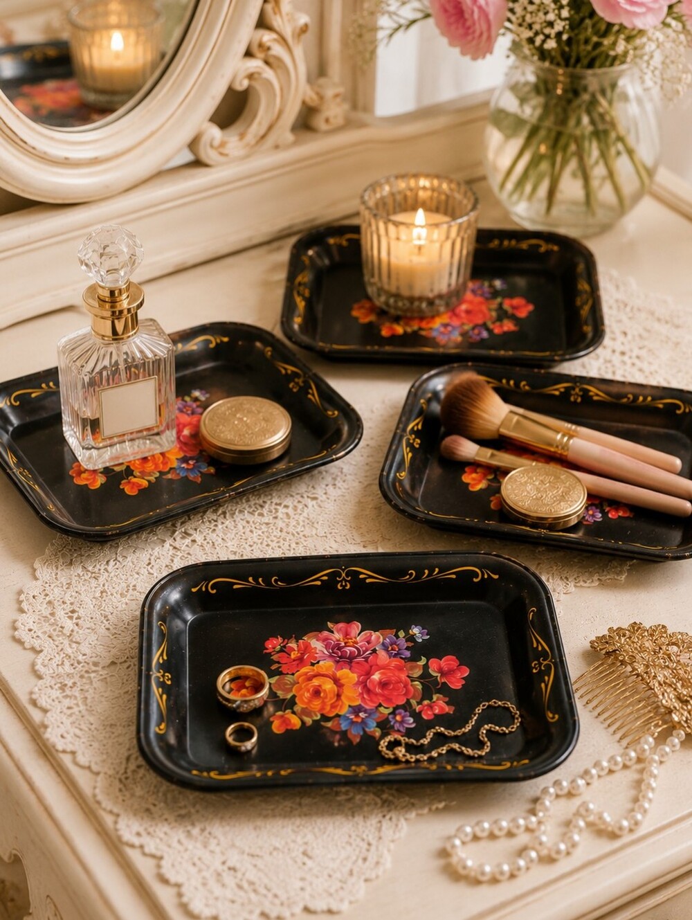 Set of 4 Vintage Floral Tole Trays Black Metal Cottagecore Decor
